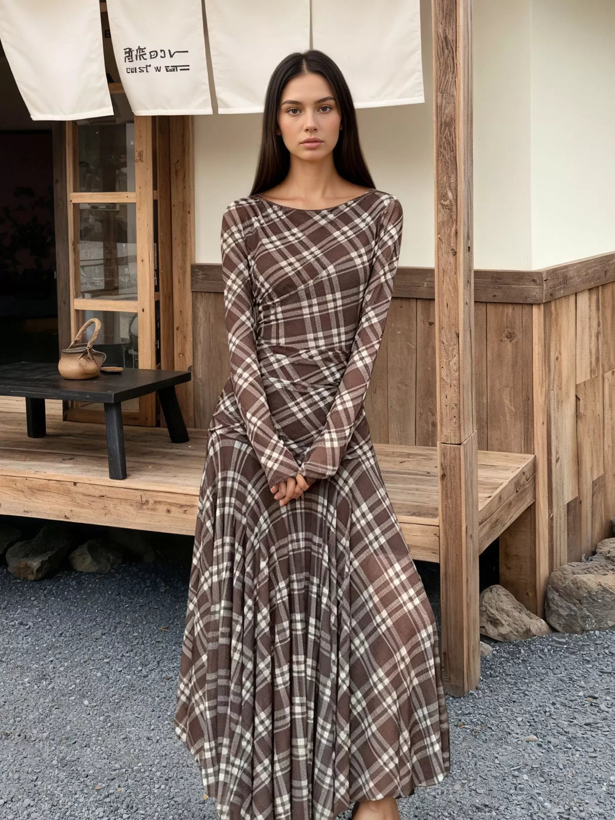 Plaid Slim-Fit Maxi Dress in Brown