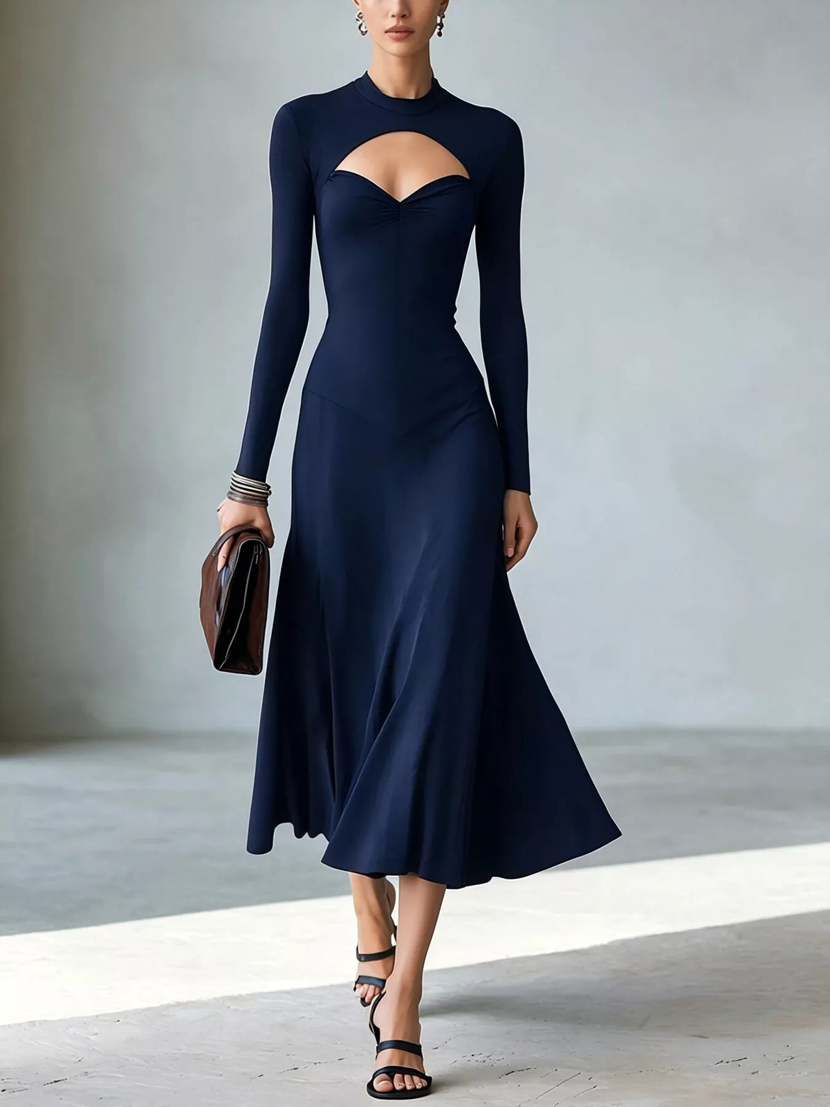 Mock Neck Cut-Out Long Sleeve Midi Dress