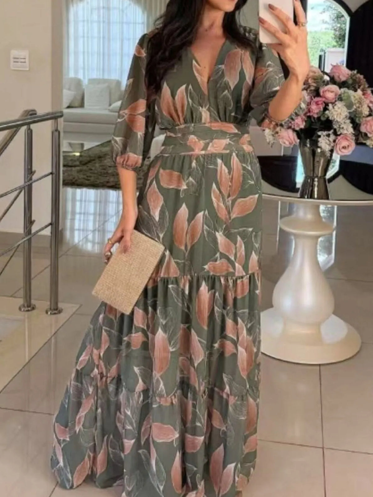 Printed V-Neck Tiered Hem Maxi Dress