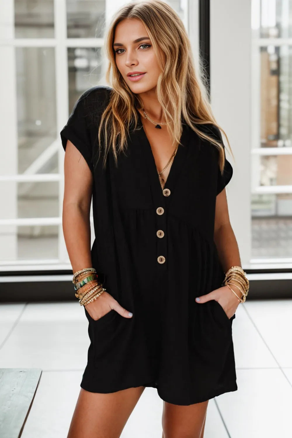 Pocketed V-Neck Romper in Black