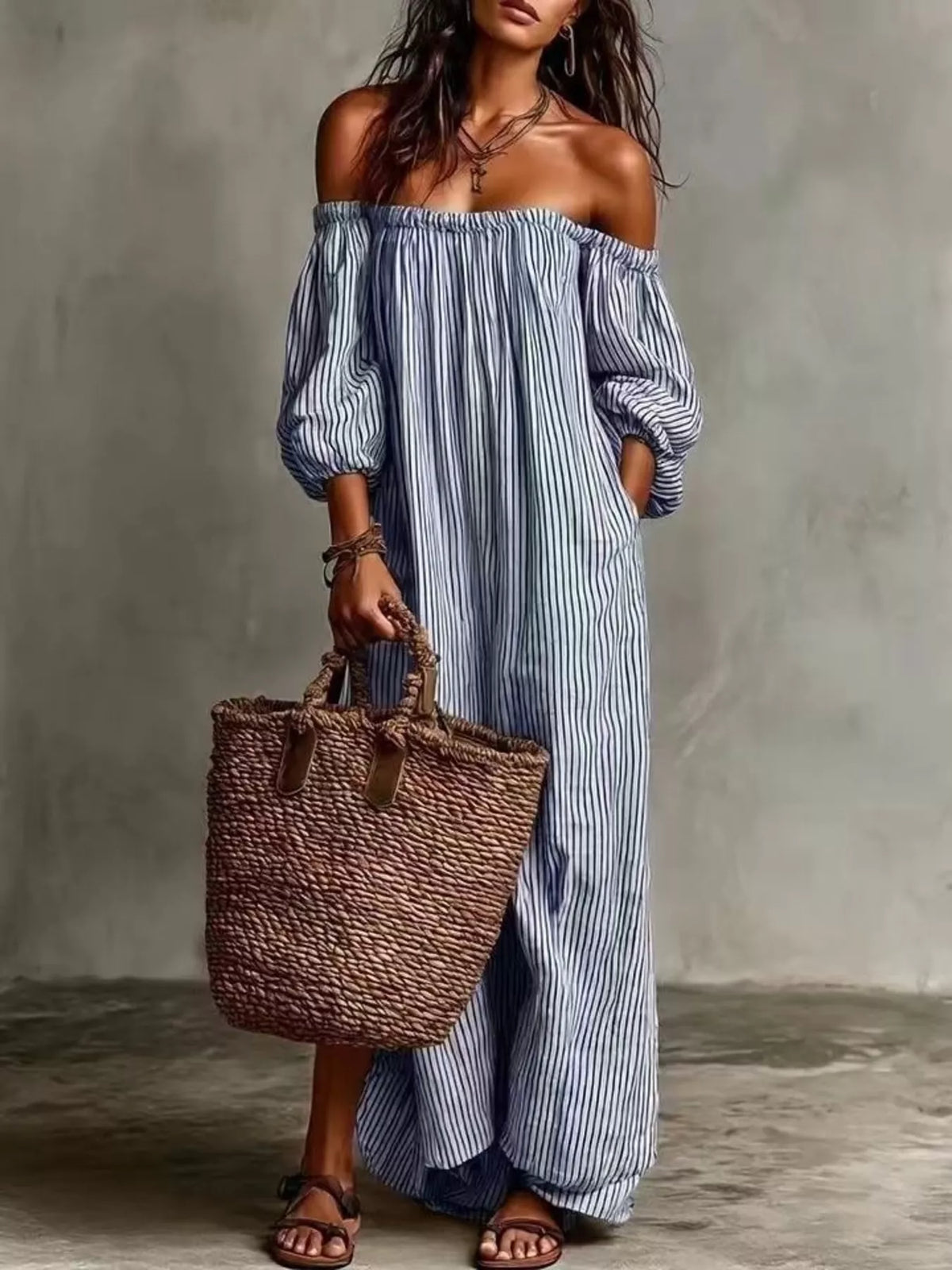 Off-Shoulder Striped Maxi Dress with Puff Sleeves