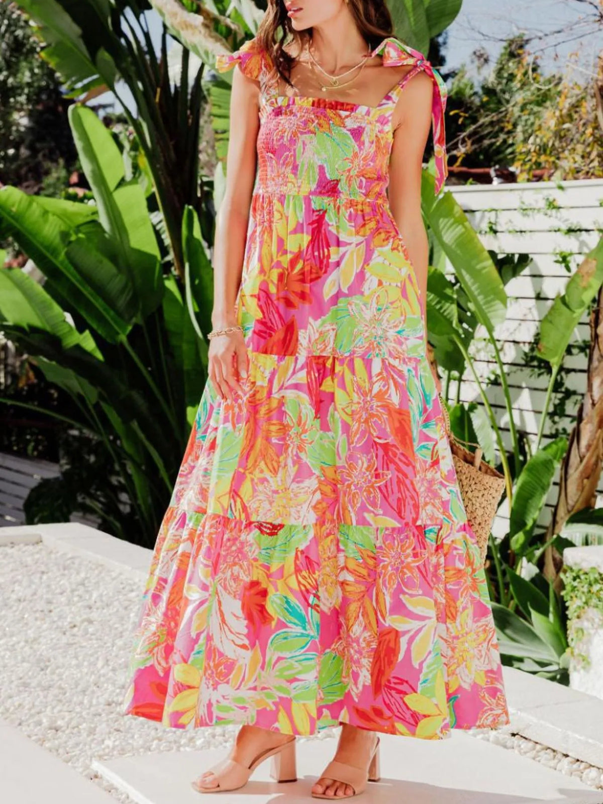 Tropical Print Tie-Shoulder Maxi Dress in Red
