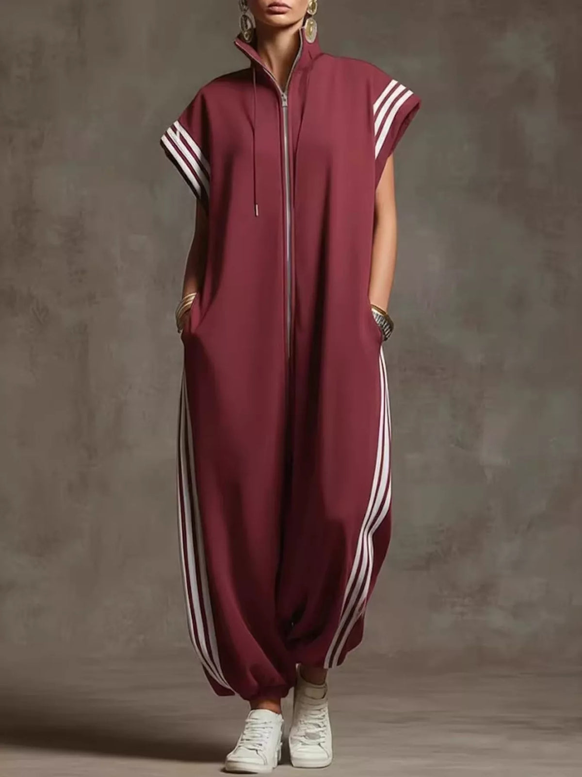Side Stripe Zip-Front Wide-Leg Jumpsuit