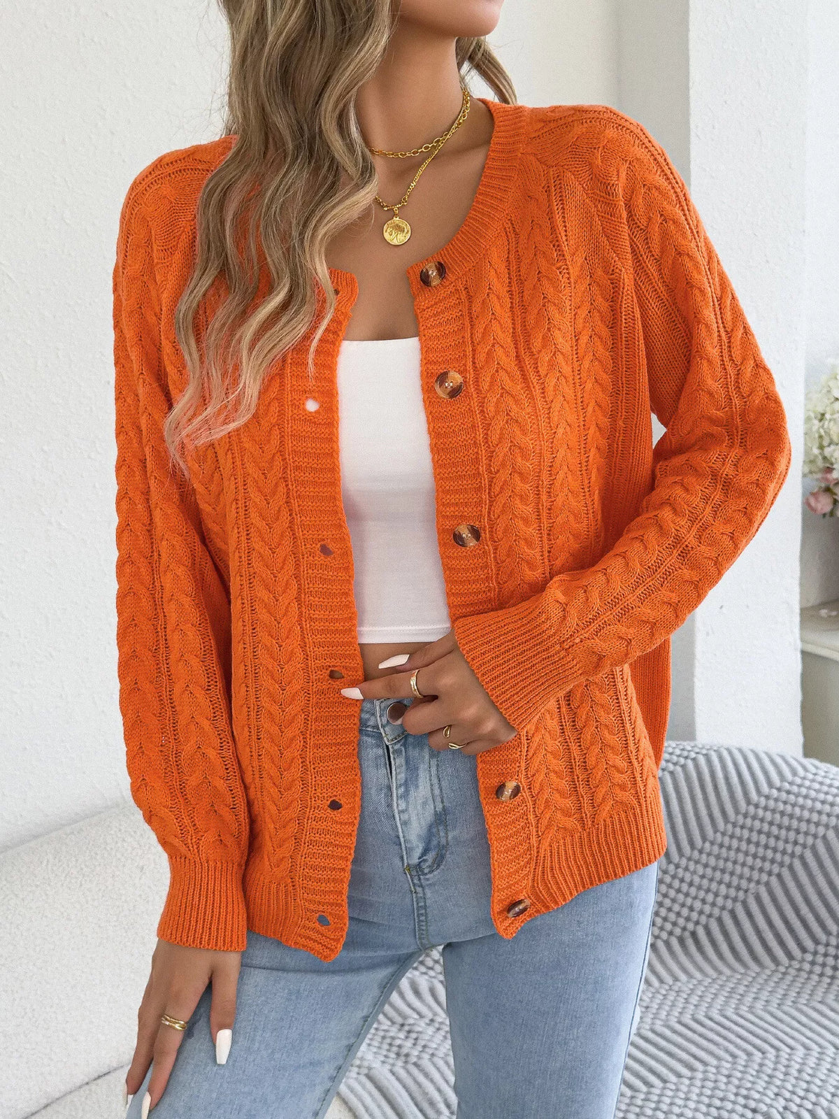 Cable-Knit Button-Front Cardigan by Clise