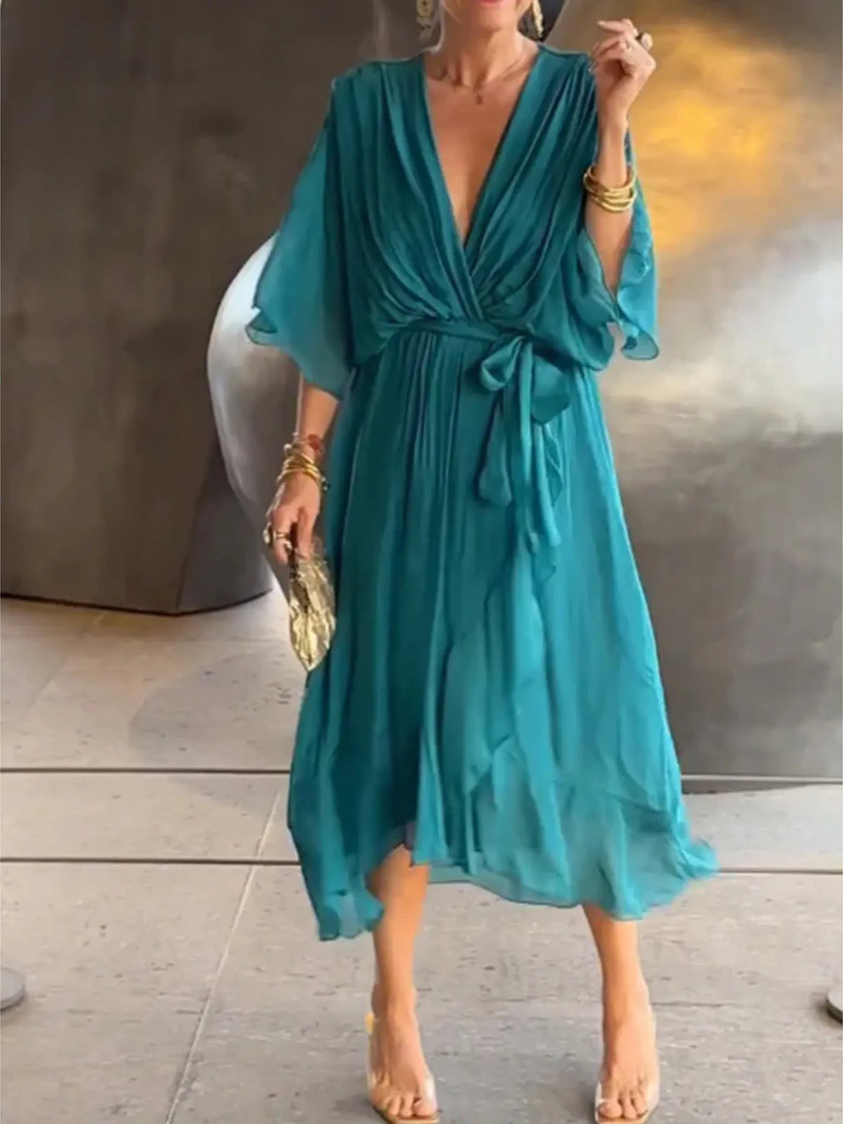 Flowy Tie-Front Midi Dress with Flutter Sleeves