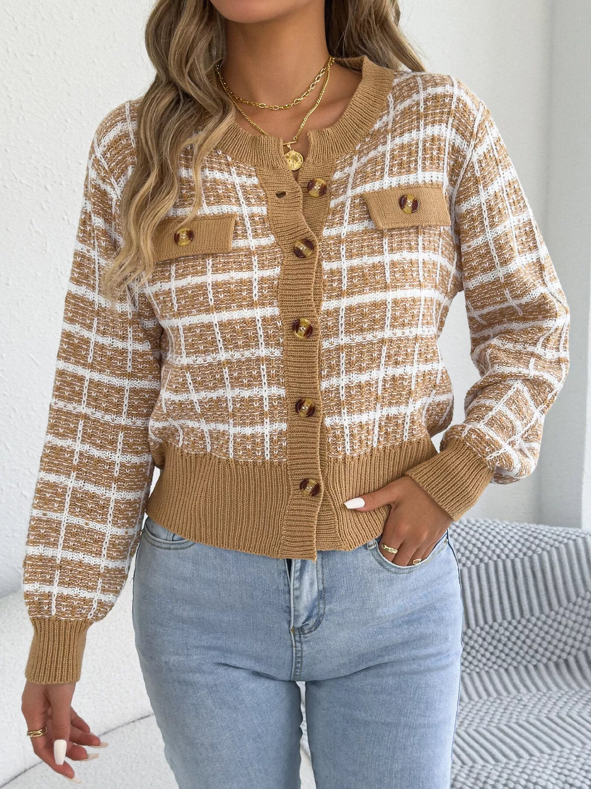 Plaid Tweed-Style Knit Cardigan by Clise