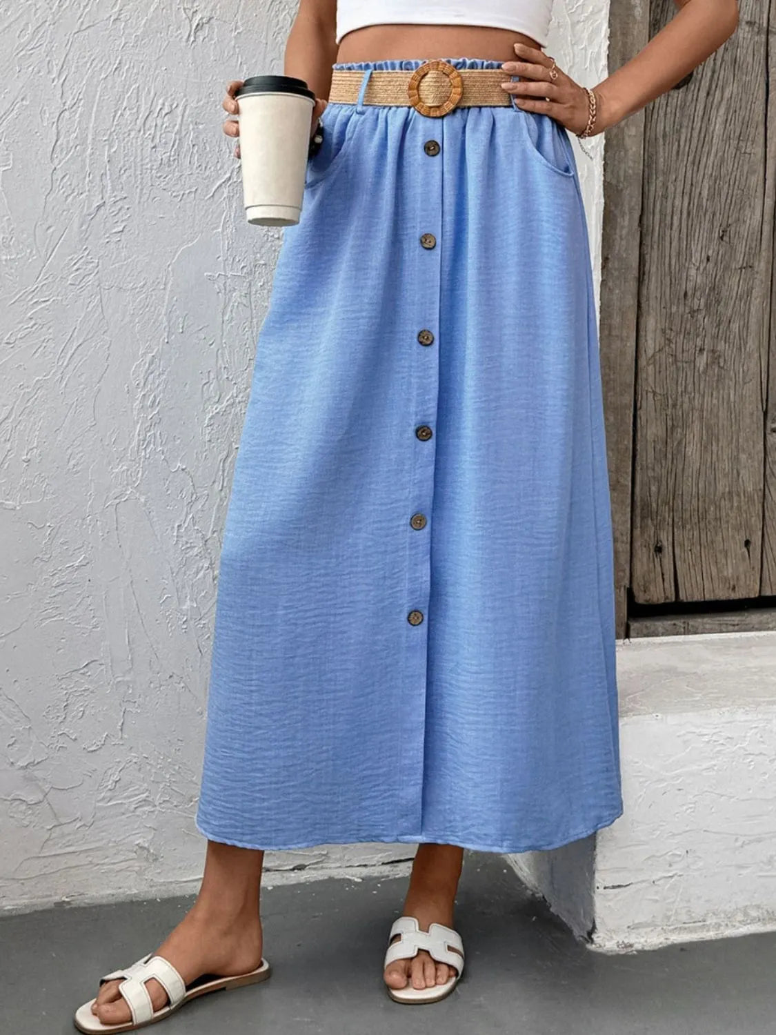 Decorative Button-Front Midi Skirt in Light Blue