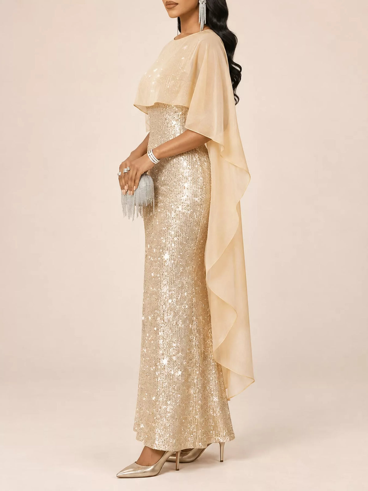 Sequin Cape-Overlay Evening Dress