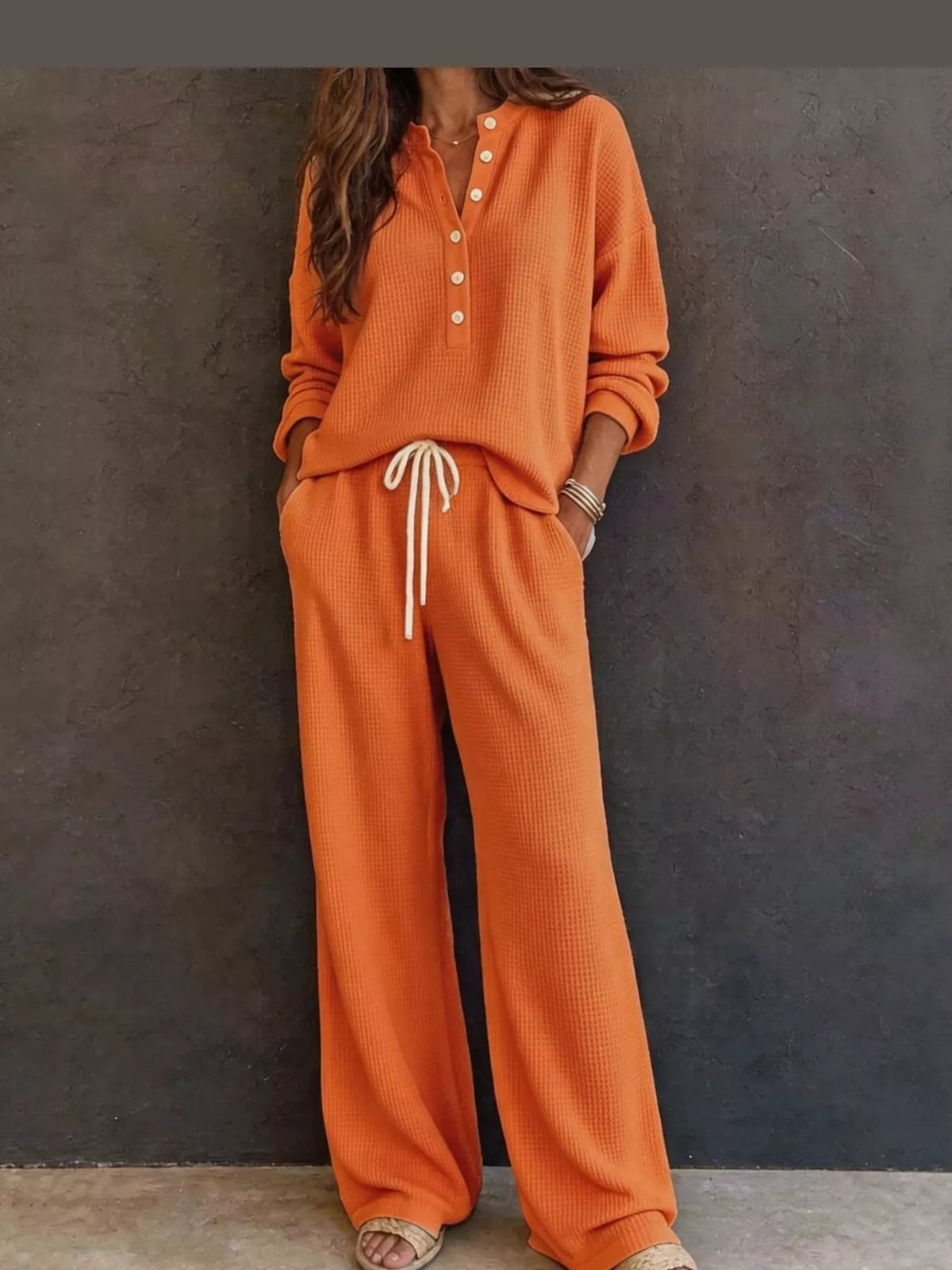 Waffle Knit Button Detail Top and Pants Set