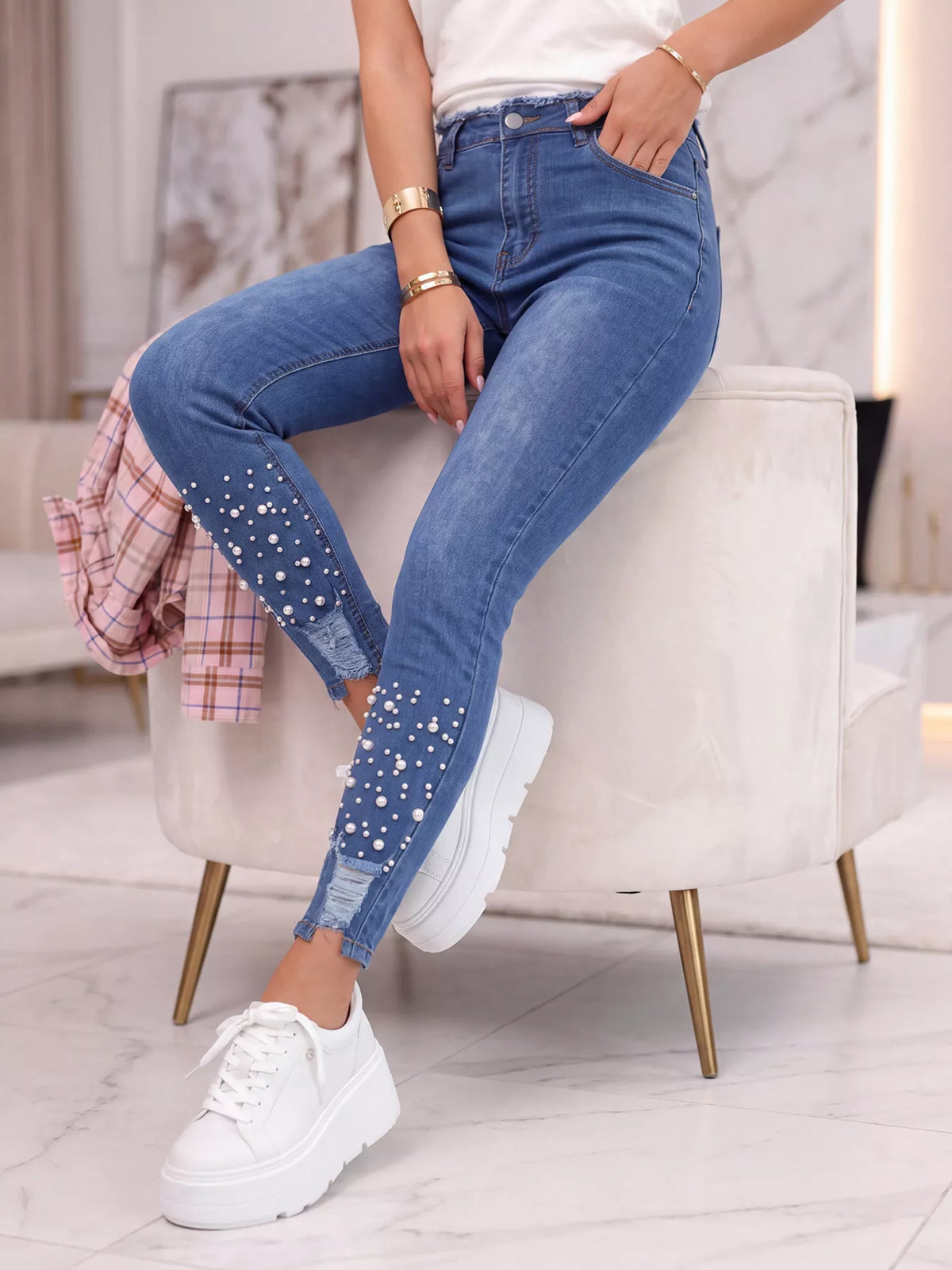 High-Waisted Pearl Embellished Skinny Jeans in Blue
