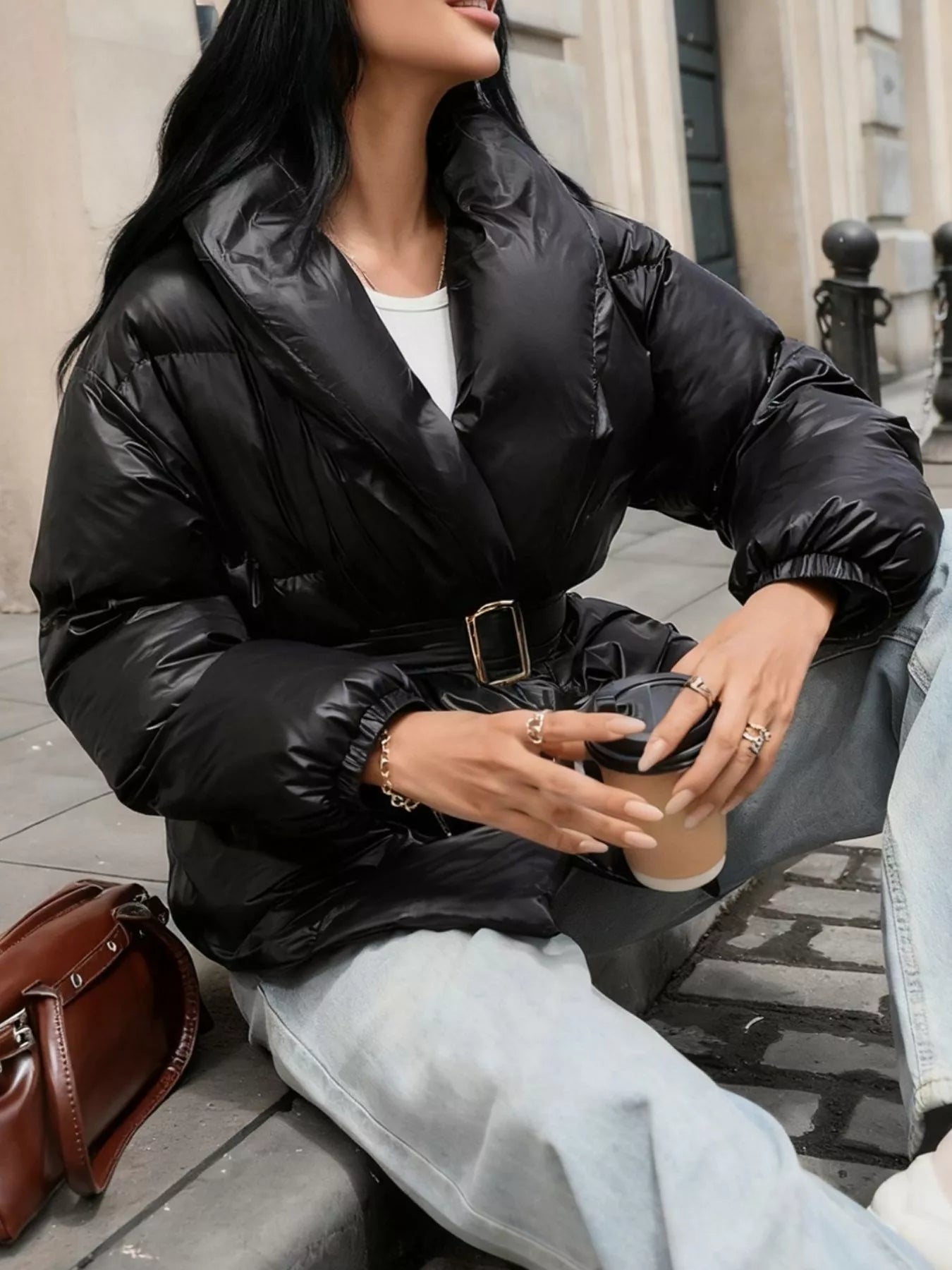 Long Sleeve Belted Puffer Jacket in Black