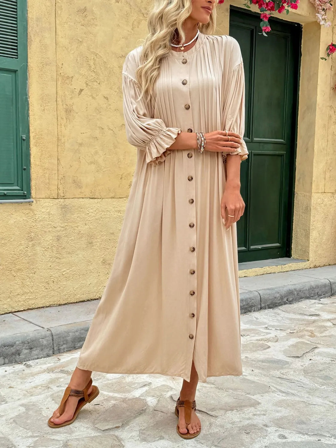 Button Front Flounce Sleeve Dress in Tan