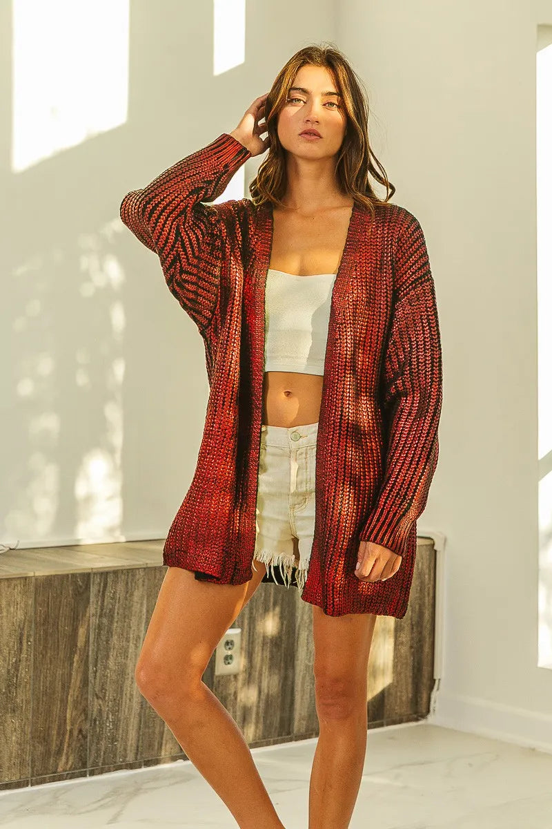 Metallic Open Front V-Neck Cardigan in Burnt Orange by BiBi
