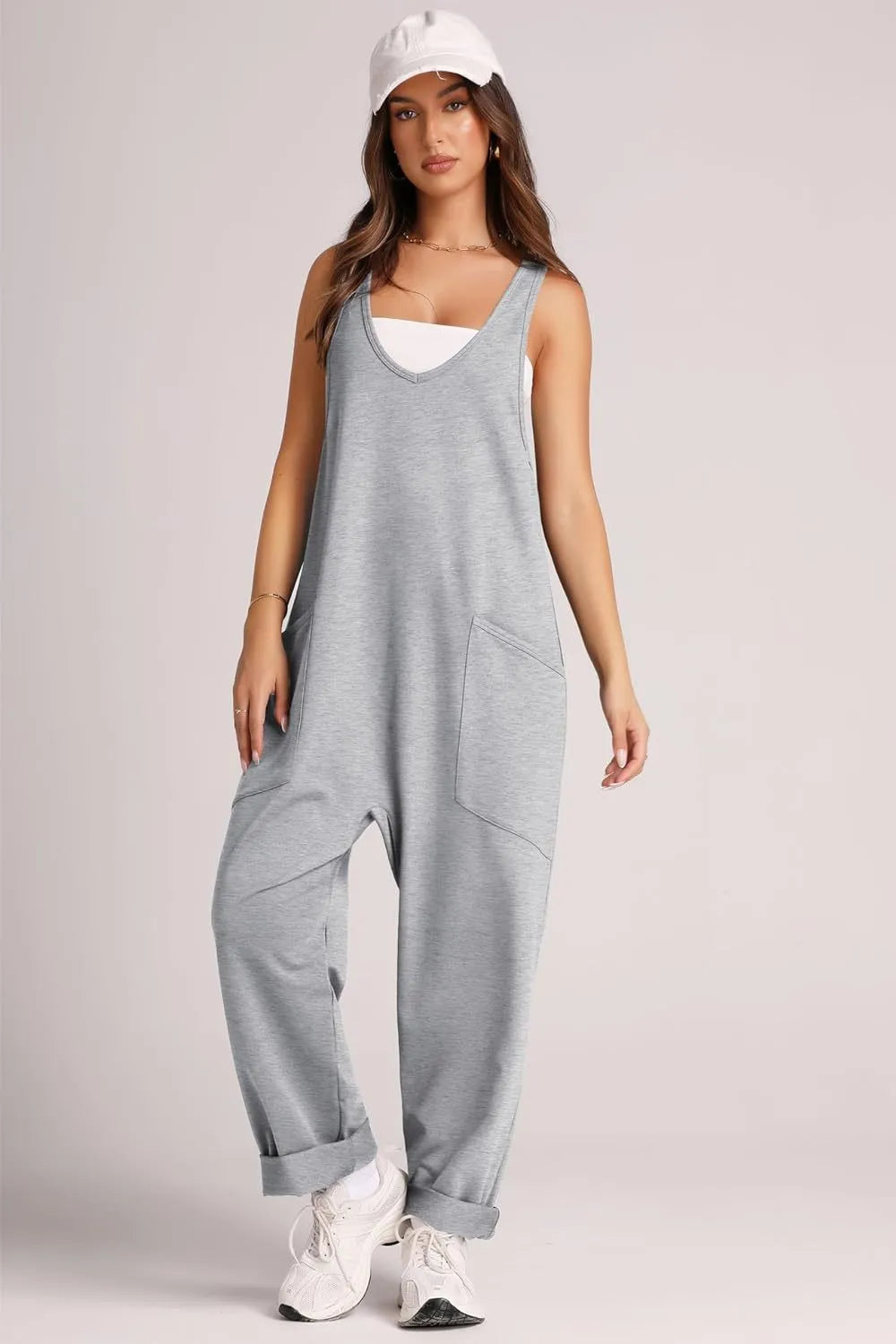 V-Neck Wide Strap Overalls with Pockets