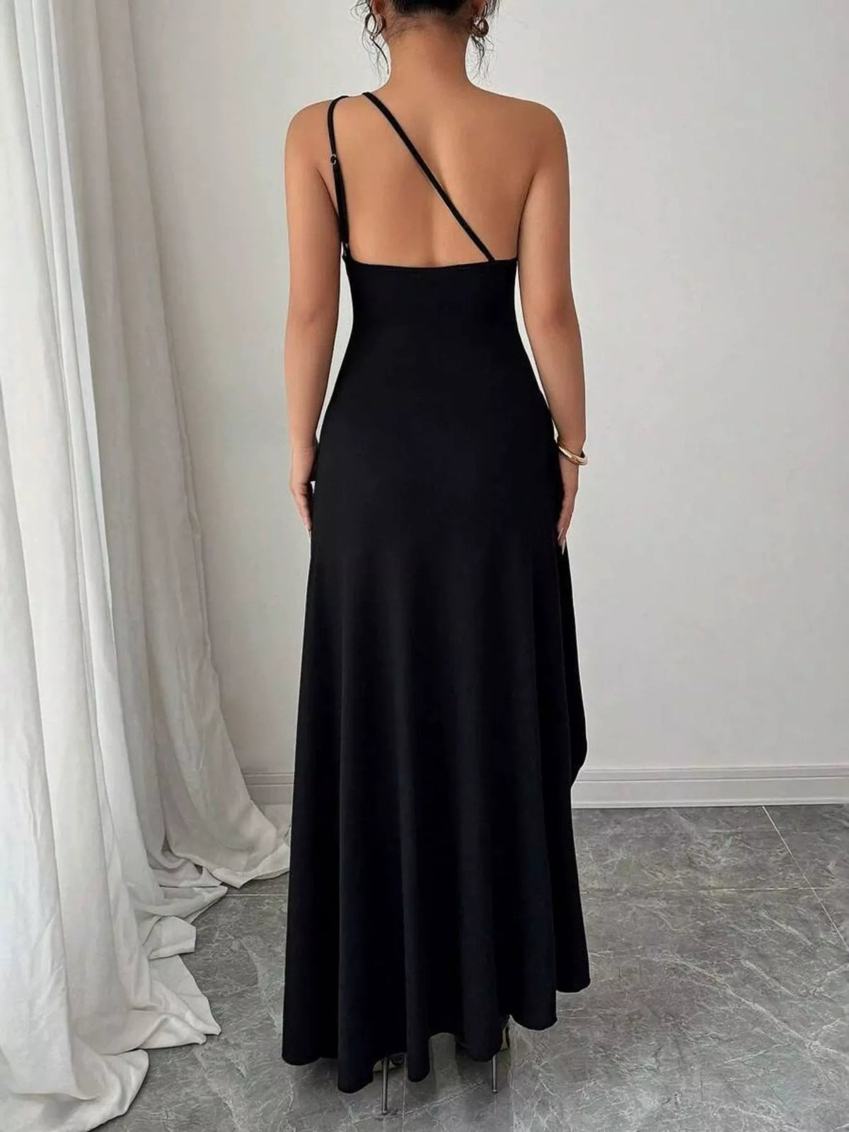 One-Shoulder Ruched Maxi Dress in Black