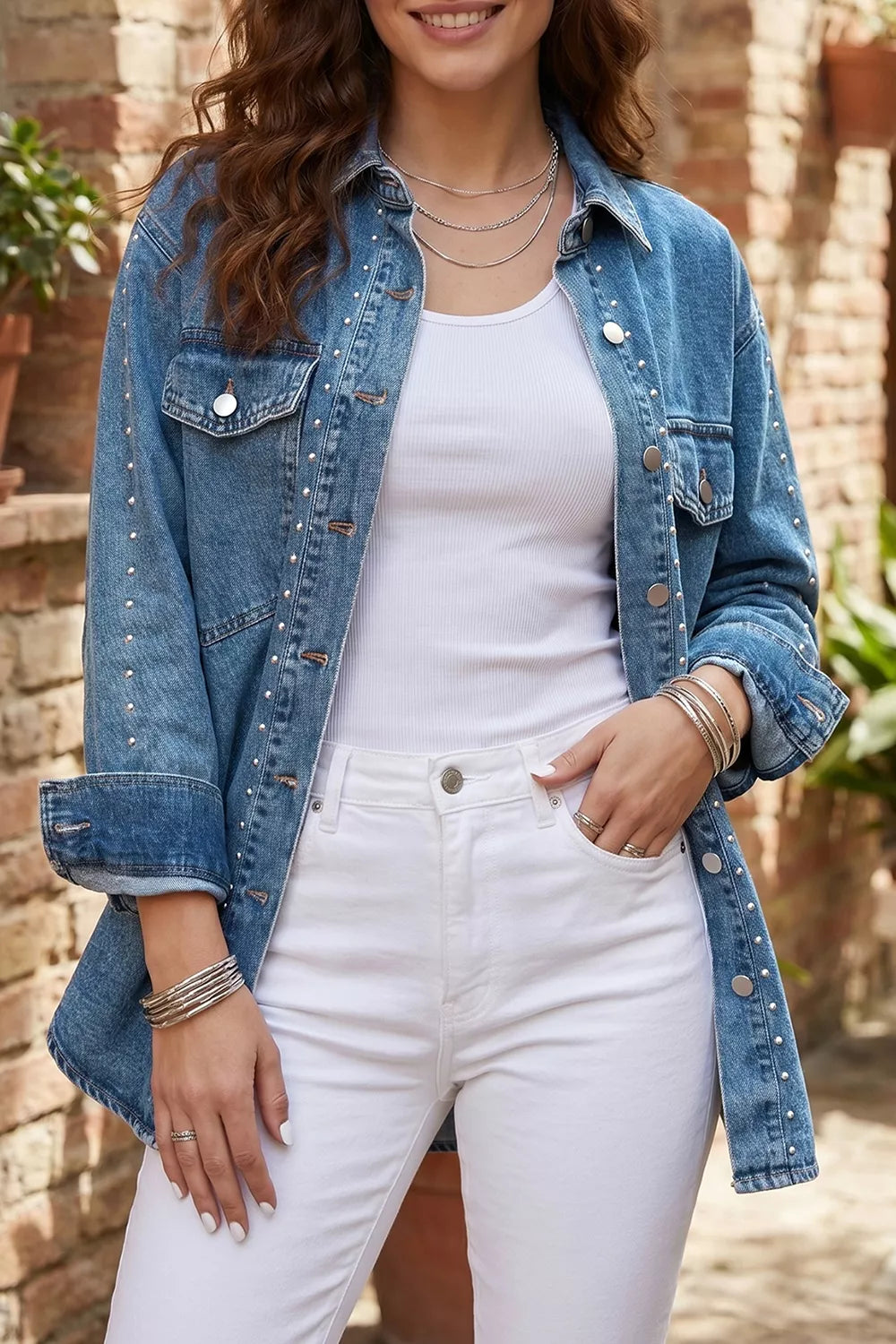 Western Rivet Studded Denim Jacket in Medium Wash