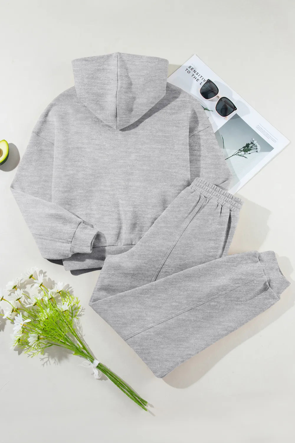 Dropped-Shoulder Hoodie and Pants Active Set in Gray