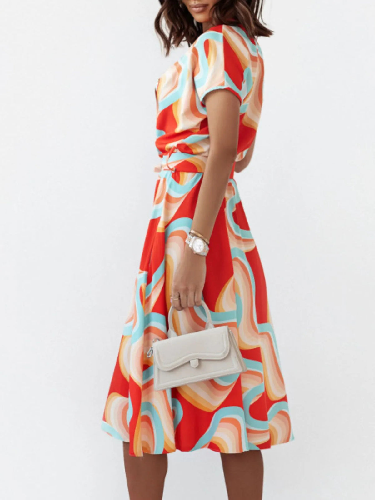 Printed Button-Front Midi Dress with Belt