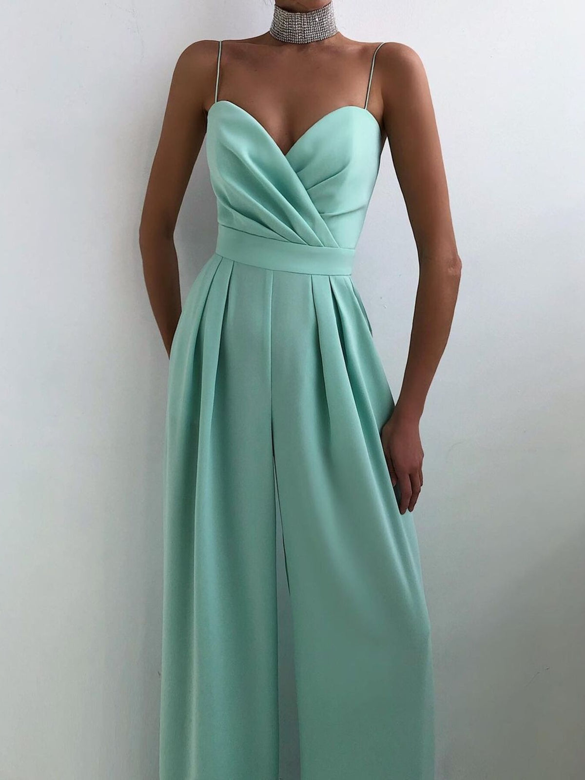 Ruched Wide Leg Jumpsuit with Spaghetti Straps