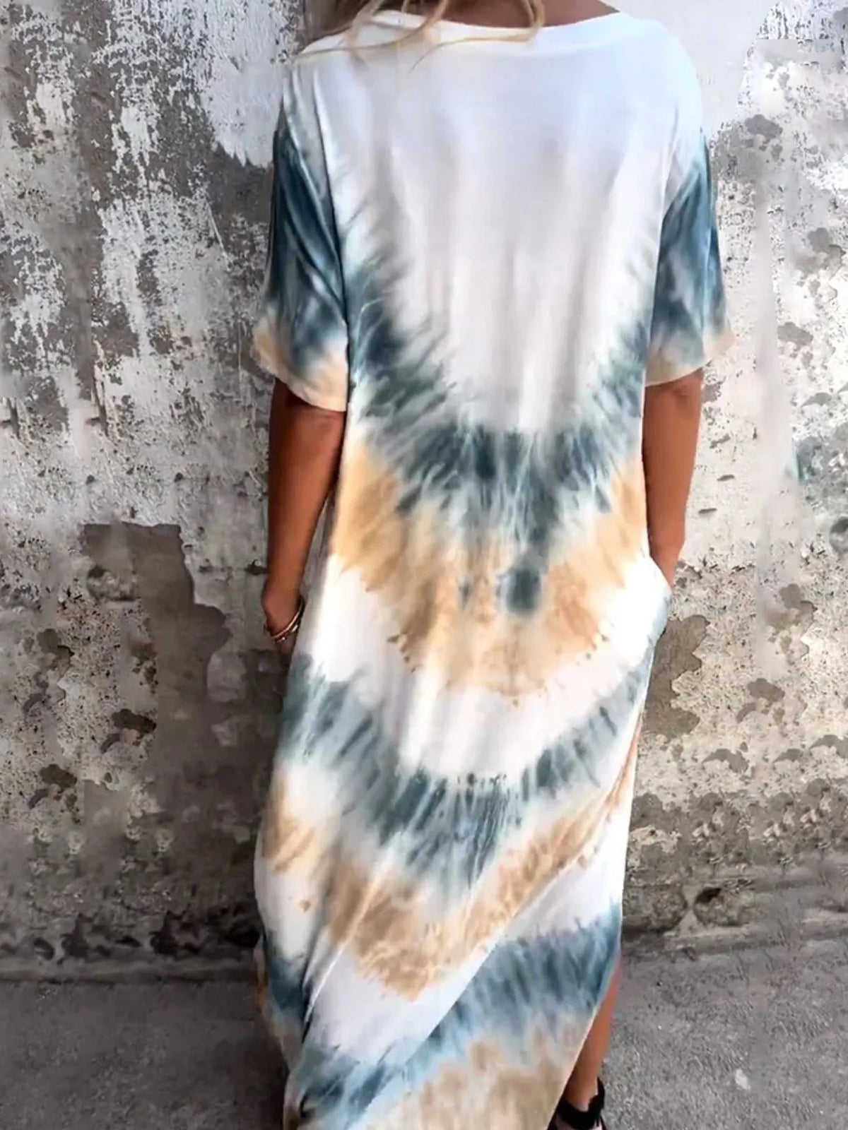 Tie-Dye V-Neck Midi Dress with Pockets