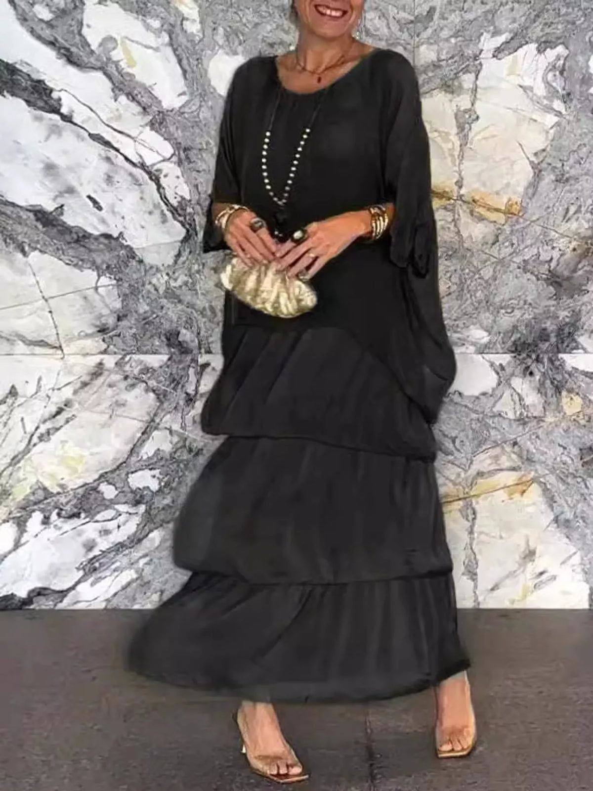 Layered Batwing-Sleeve Tiered Maxi Dress