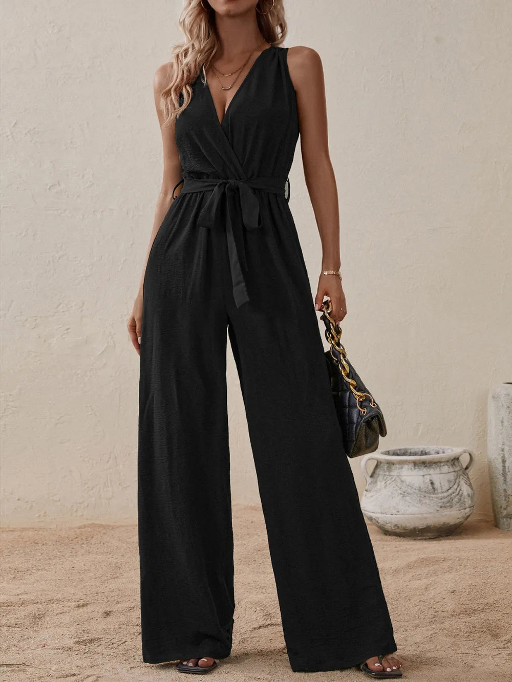 Tied Surplice Wide-Leg Jumpsuit