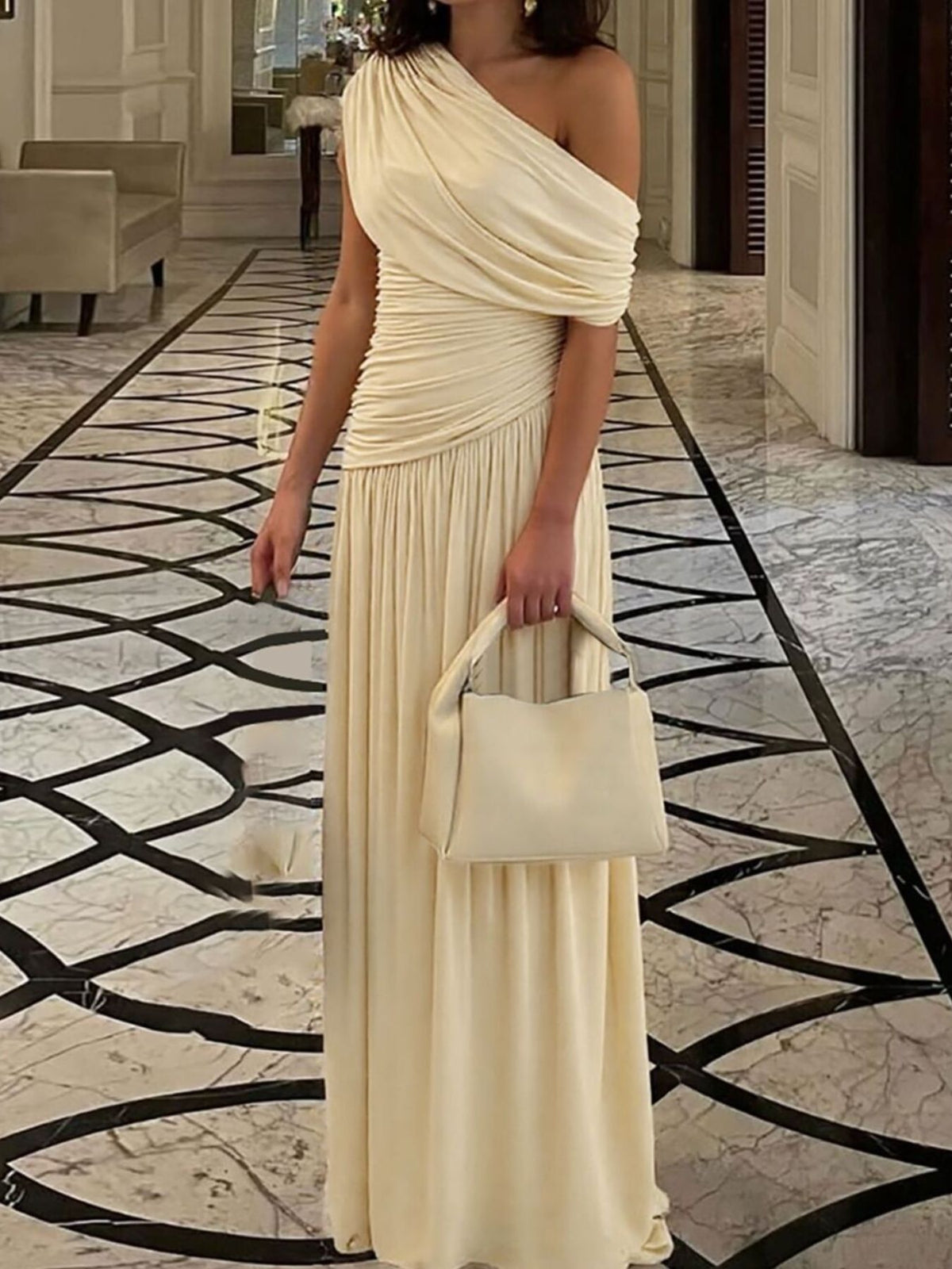 One-Shoulder Ruched Maxi Dress in Beige
