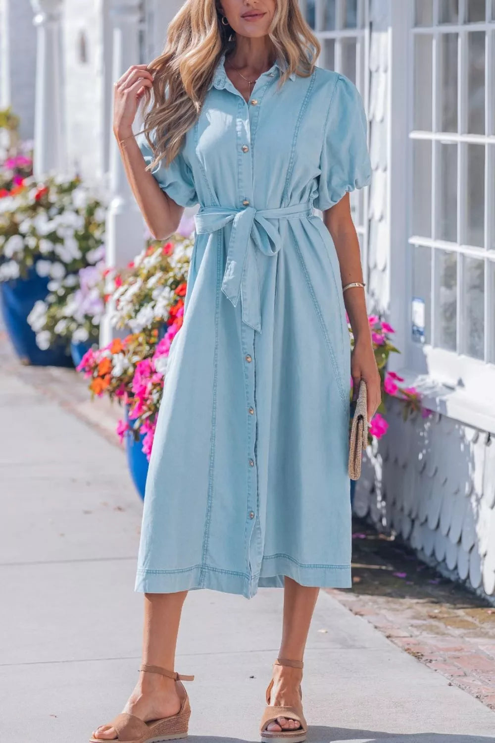 Collared Bubble Sleeve Denim Dress in Light Blue