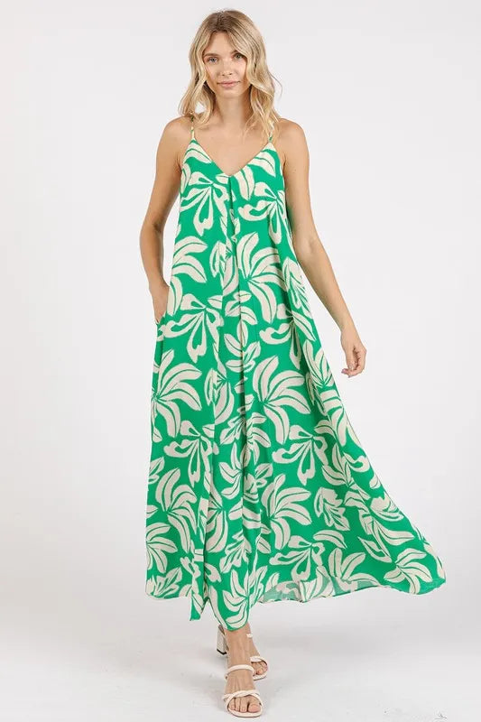 Printed V-Neck Cami Maxi Dress in Kelly Green by Mittoshop