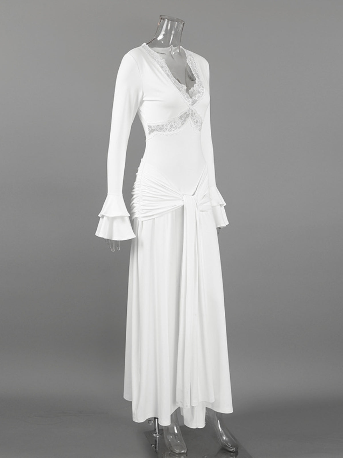 Lace Trim Long Sleeve Maxi Dress in White