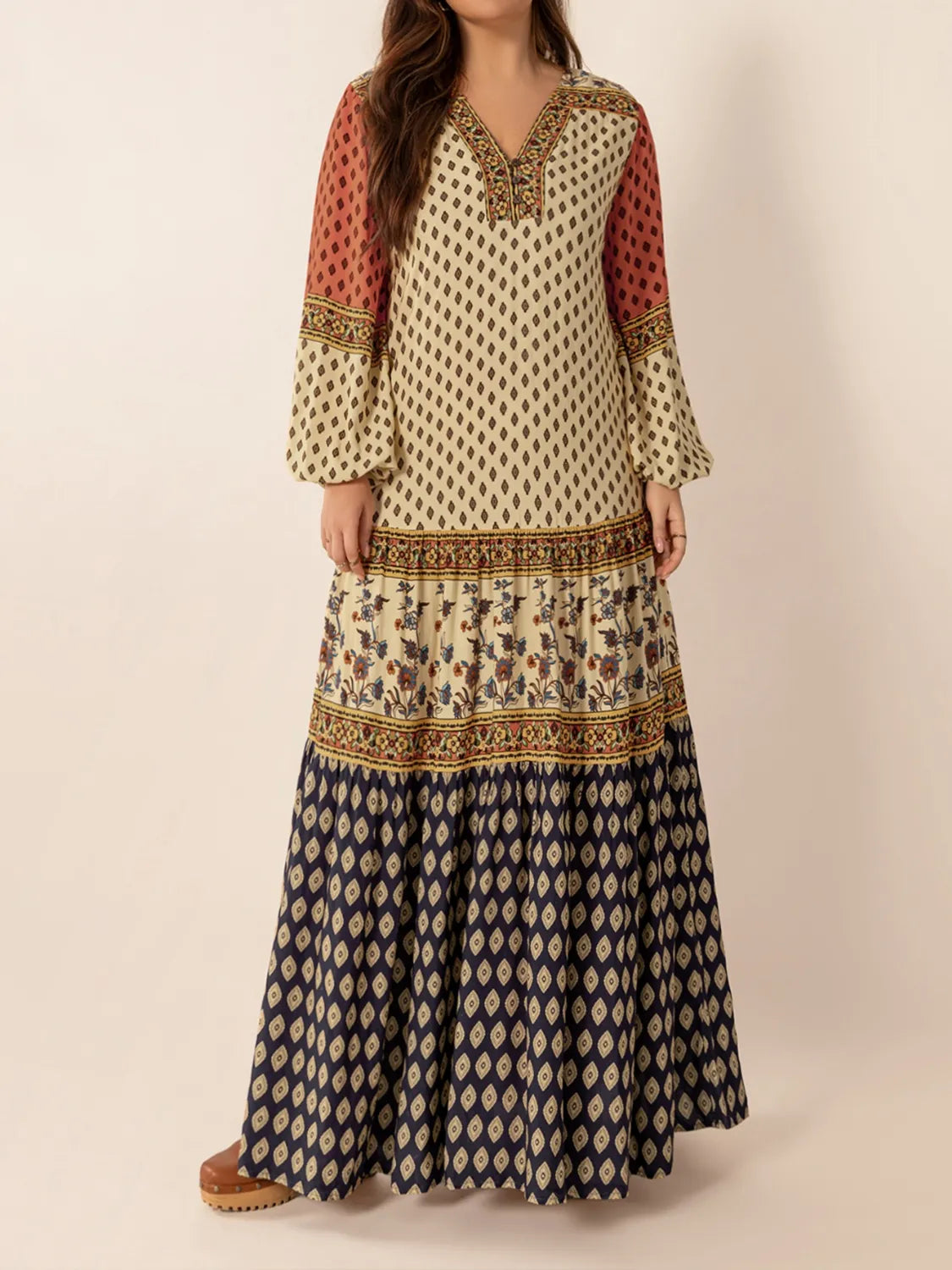 Printed V-Neck Balloon Sleeve Maxi Dress in Khaki