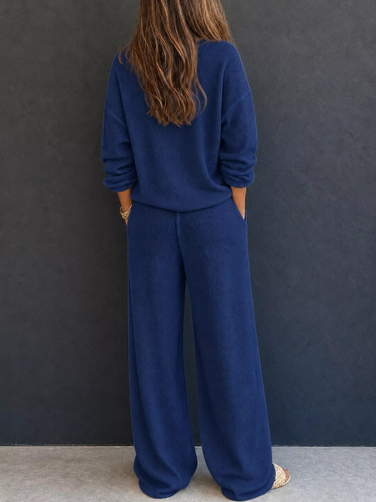 Waffle Knit Button Detail Top and Pants Set