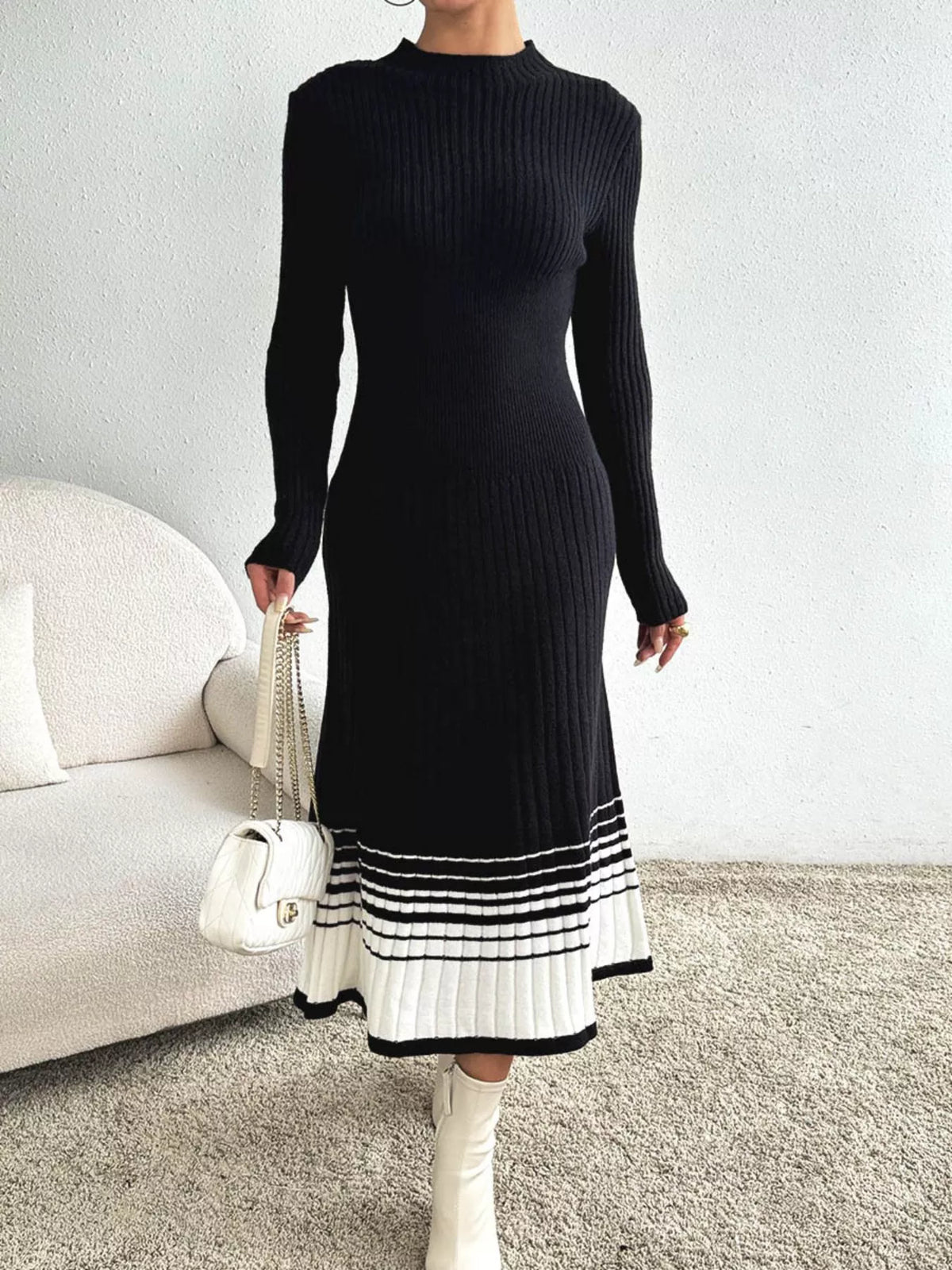 Ribbed Sweater Dress with Striped Hem in Black