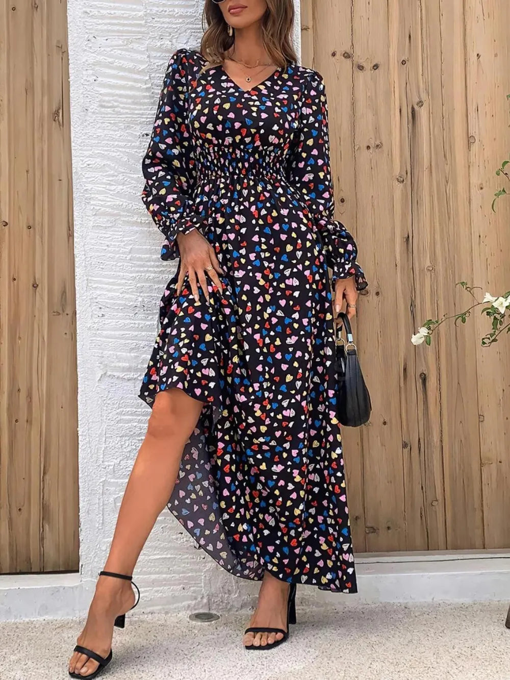 Smocked V-Neck Flounce Sleeve Dress