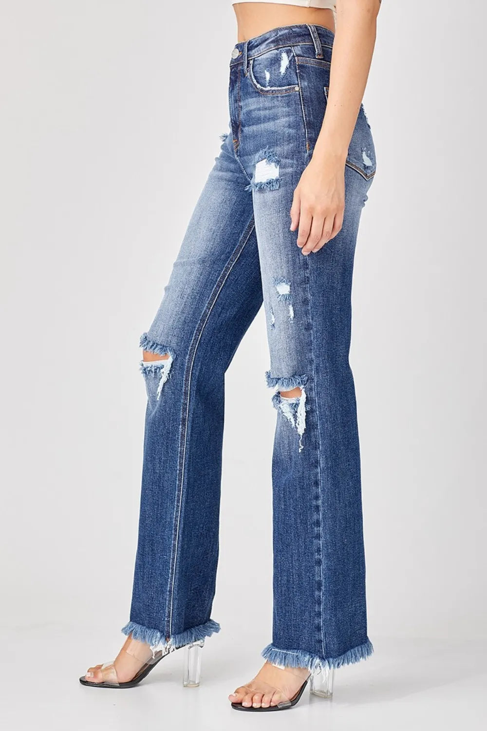 Risen Raw-Hem Distressed Straight Jeans in Deep Blue