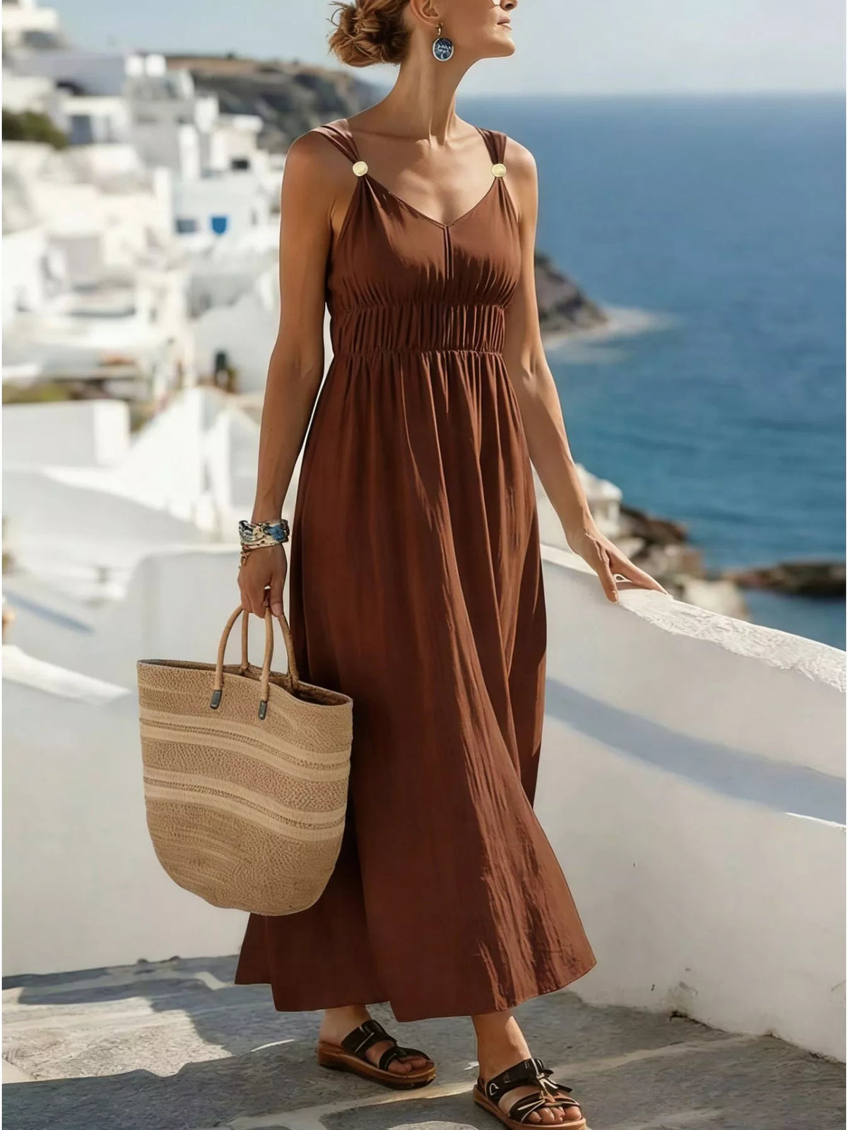 Ruched V-Neck Maxi Dress in Brown