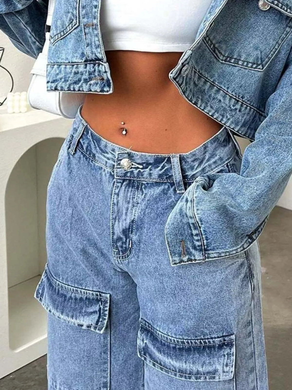 Zip-Front High-Waisted Wide-Leg Cargo Jeans by Dreamy Drapes