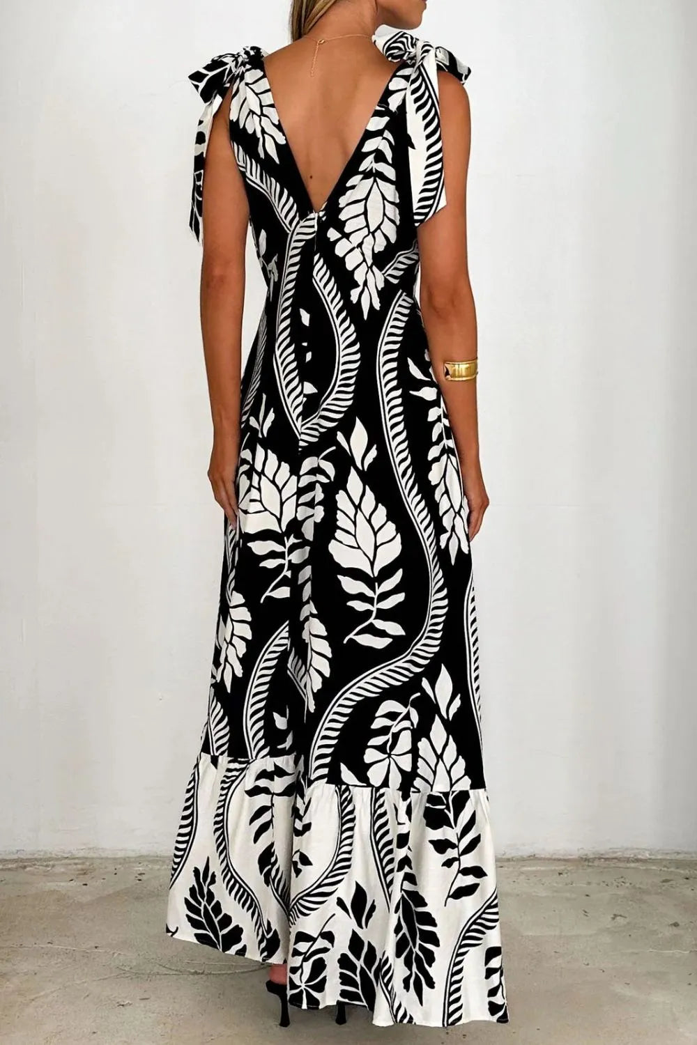 Printed Tie-Shoulder Ruched V-Neck Midi Dress