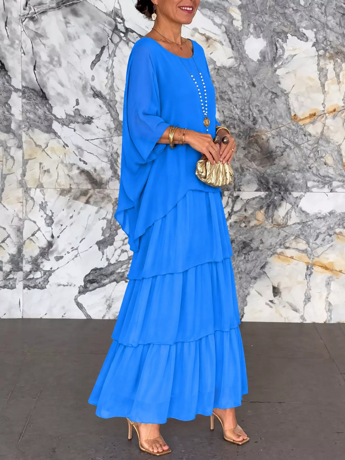 Layered Batwing-Sleeve Tiered Maxi Dress