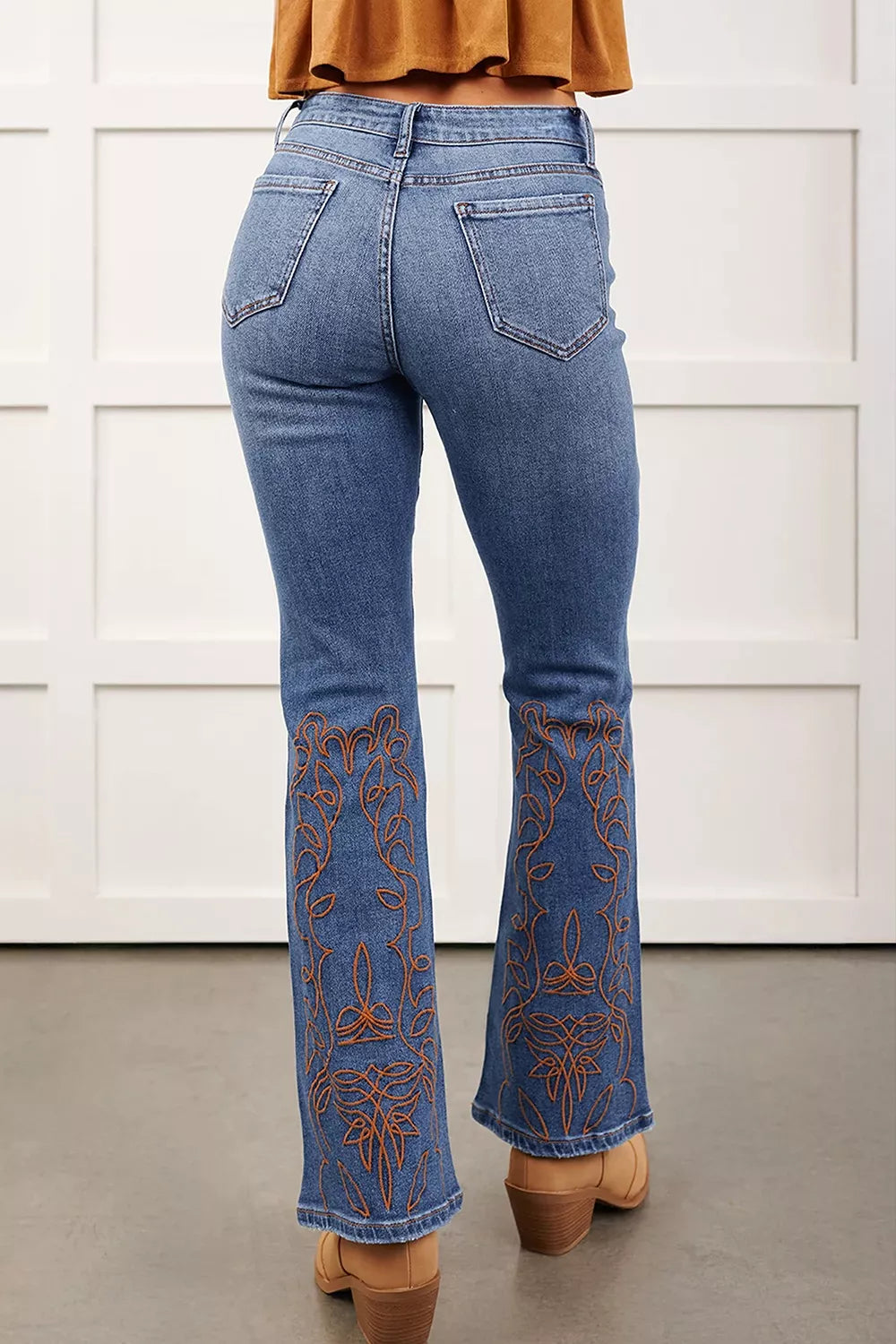 Embroidered Flare Leg Jeans in Medium Wash