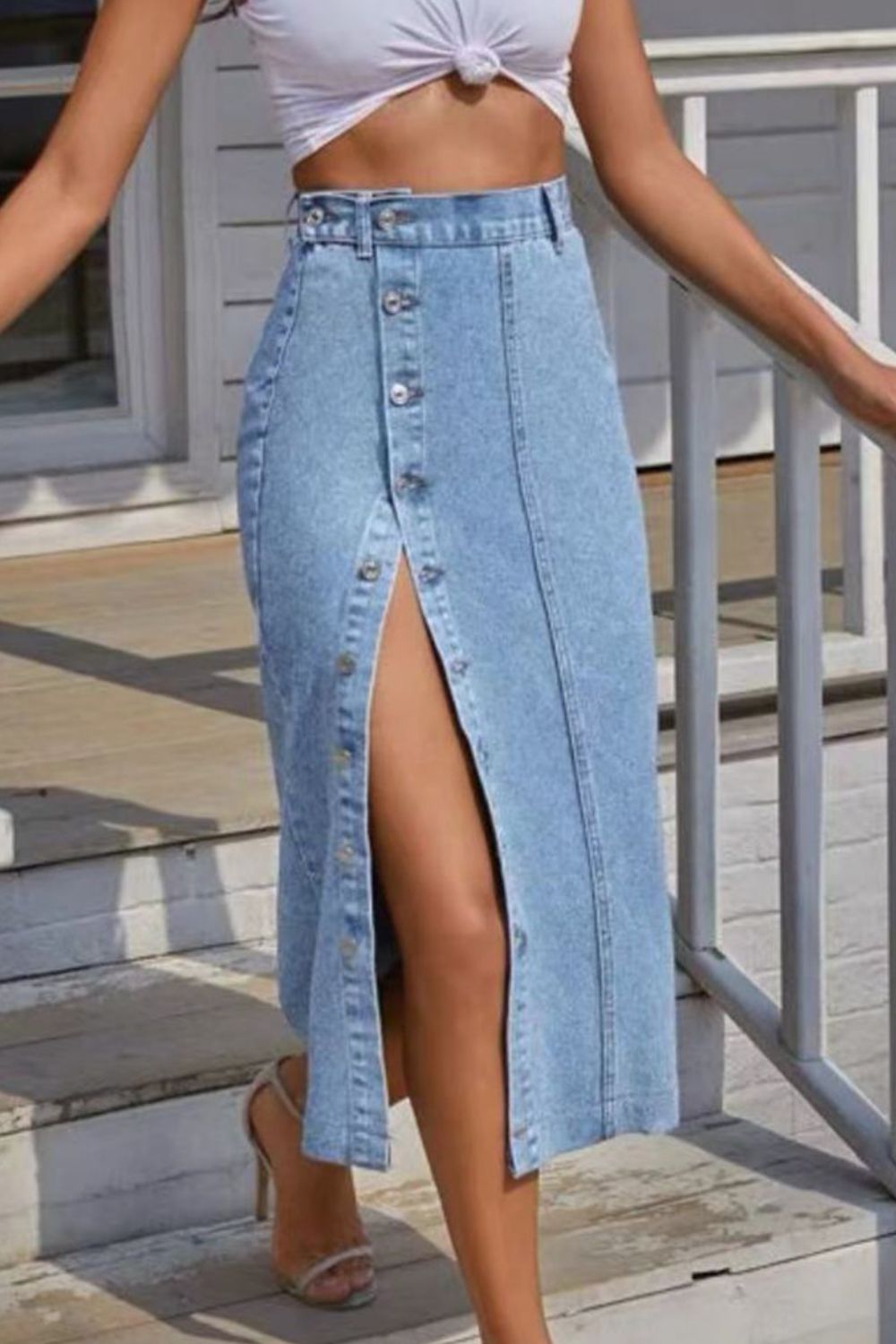 Buttoned Slit Denim Skirt in Light Wash by DE.C.H & K.M