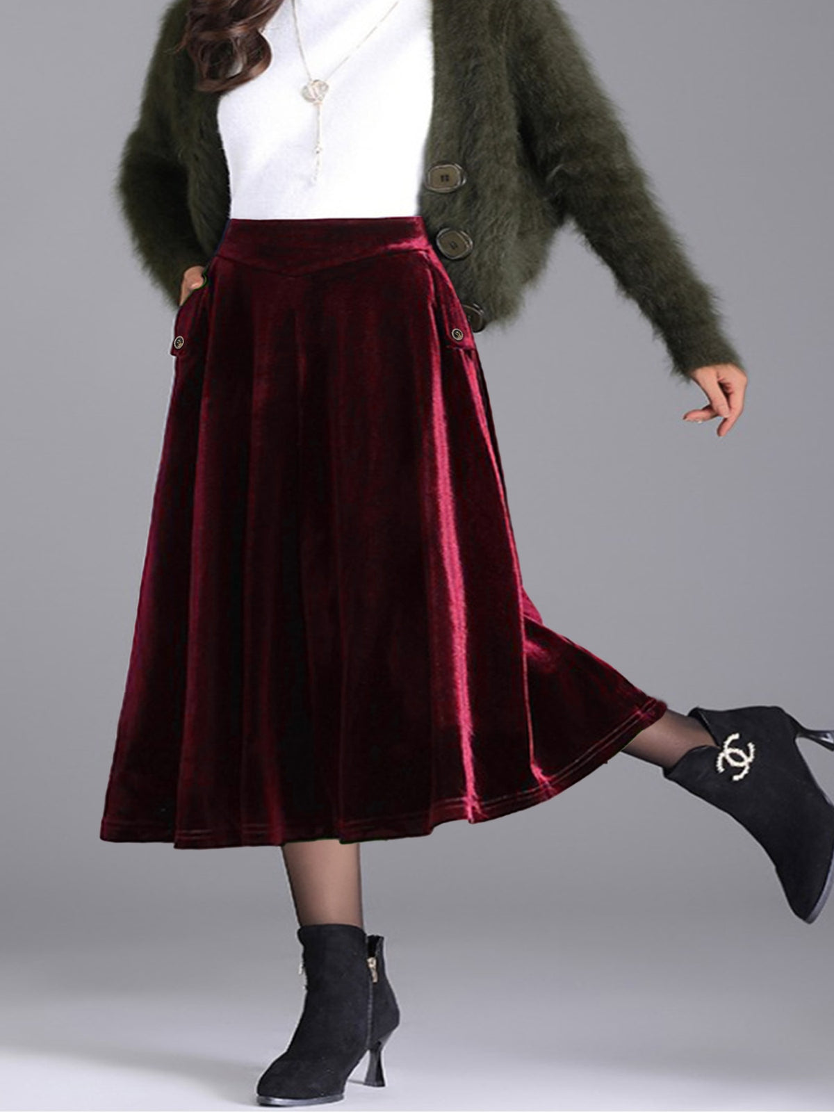 Plus Size Velvet A-Line Midi Skirt