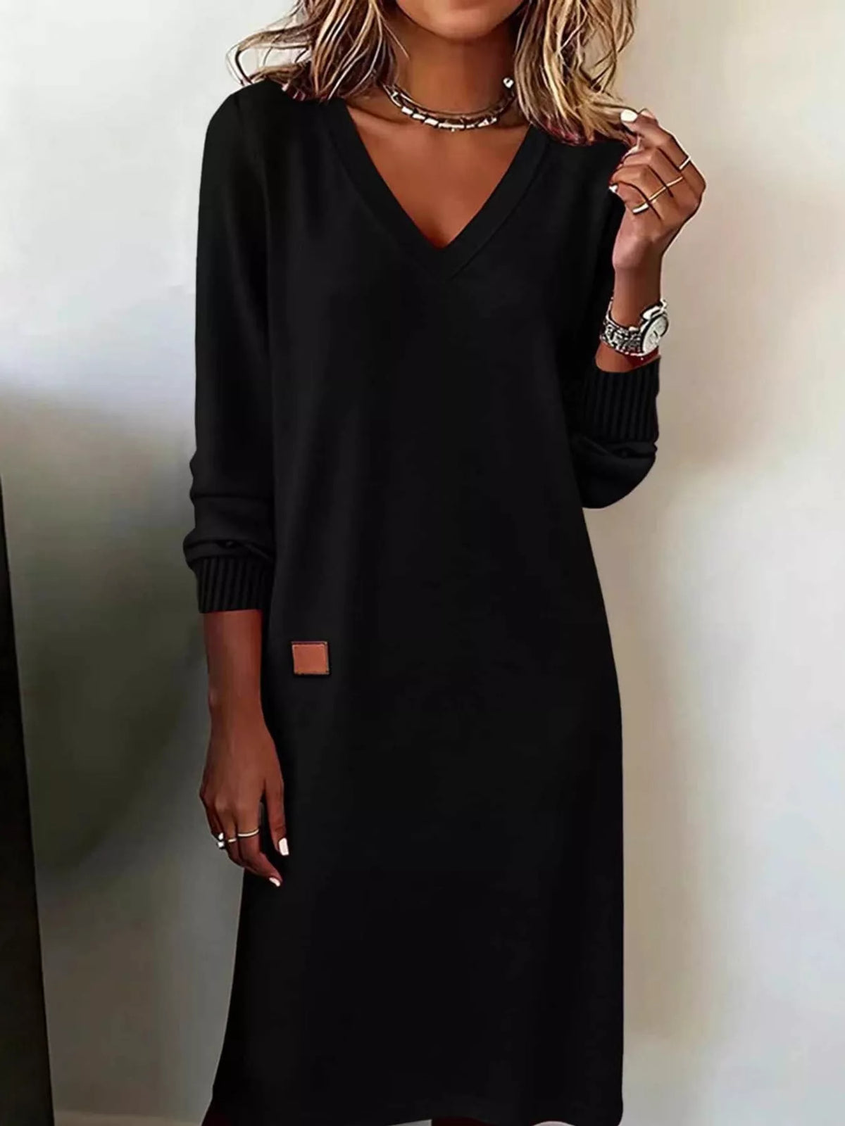 V-Neck Long Sleeve Midi Dress