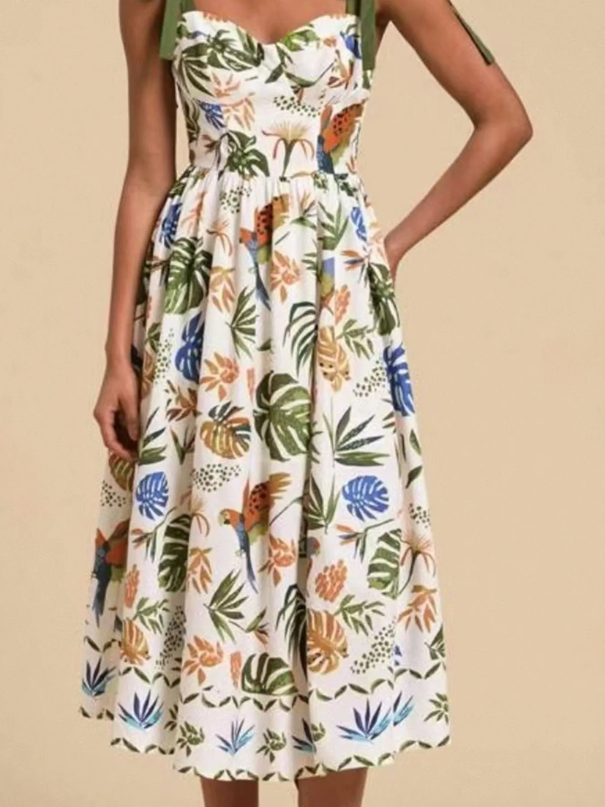Tropical Print Tie-Shoulder Sweetheart Neck Midi Dress in Green by Rosaline