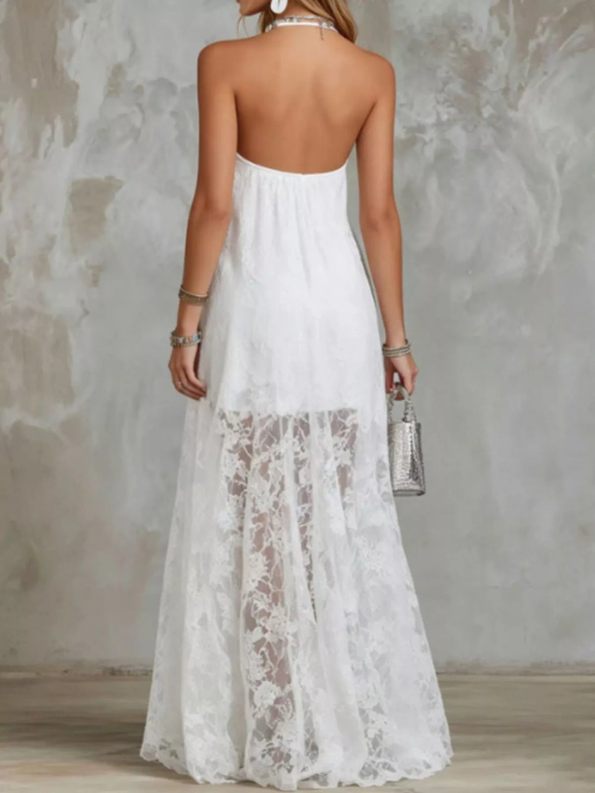 Halter Neck Lace Hem Maxi Dress in White