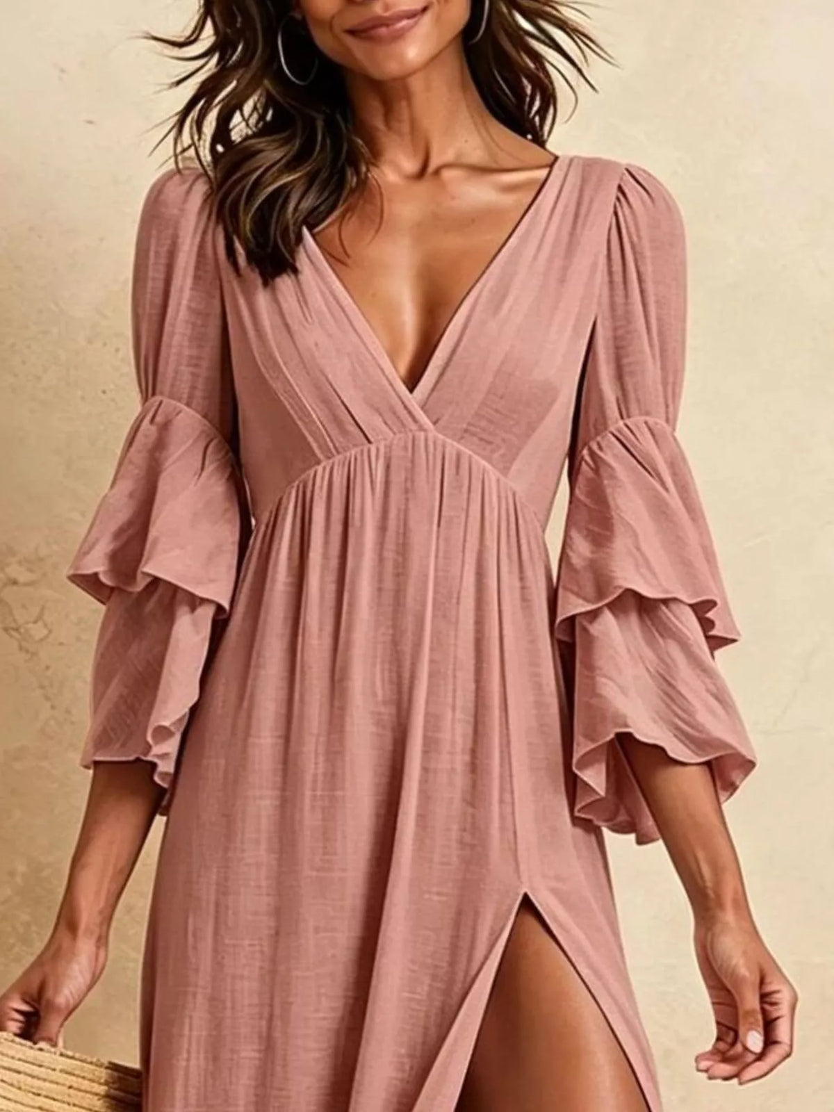 Tiered Ruffle Sleeve High-Slit Maxi Dress