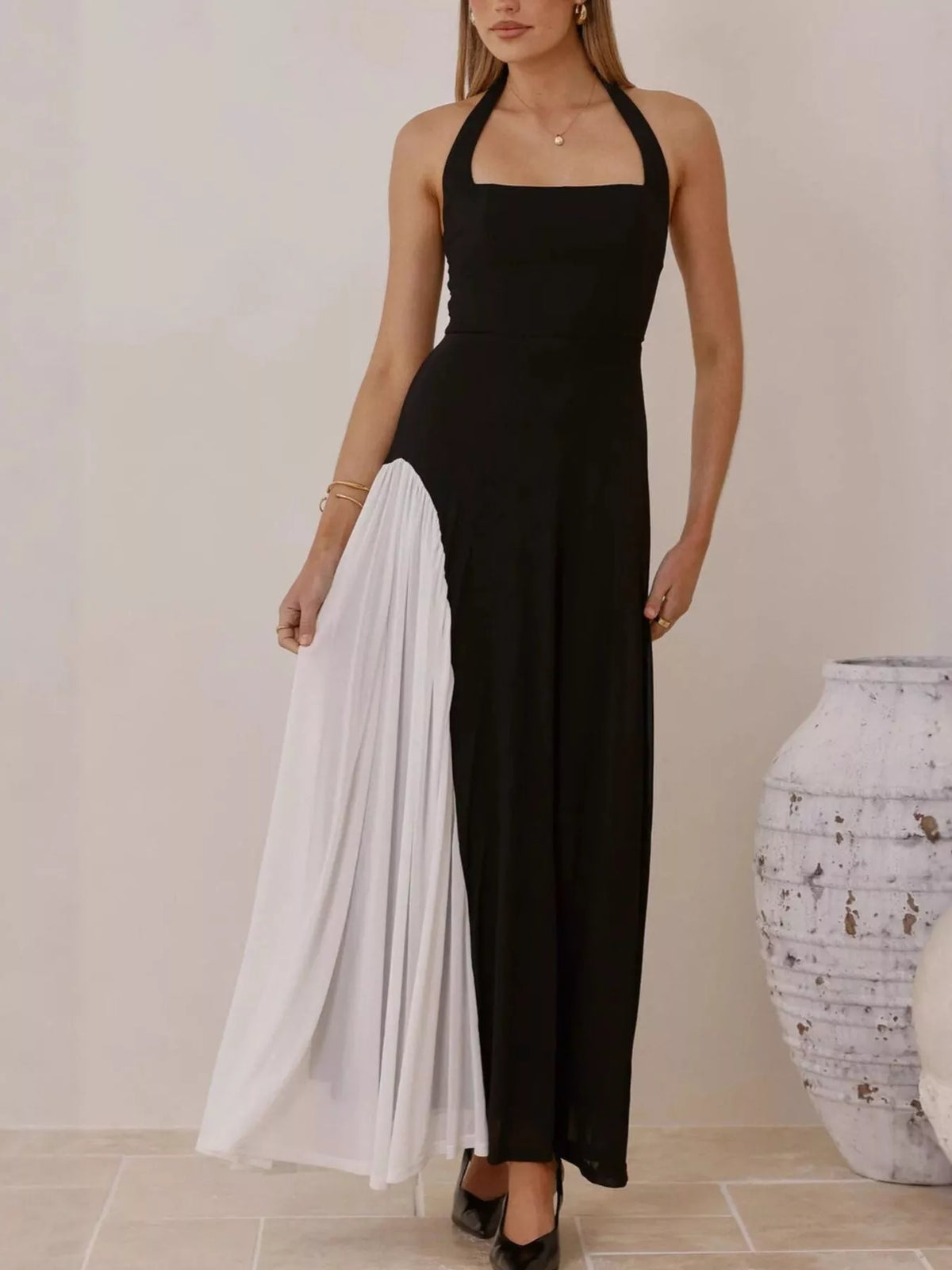 Ruched Halter Maxi Dress in Black