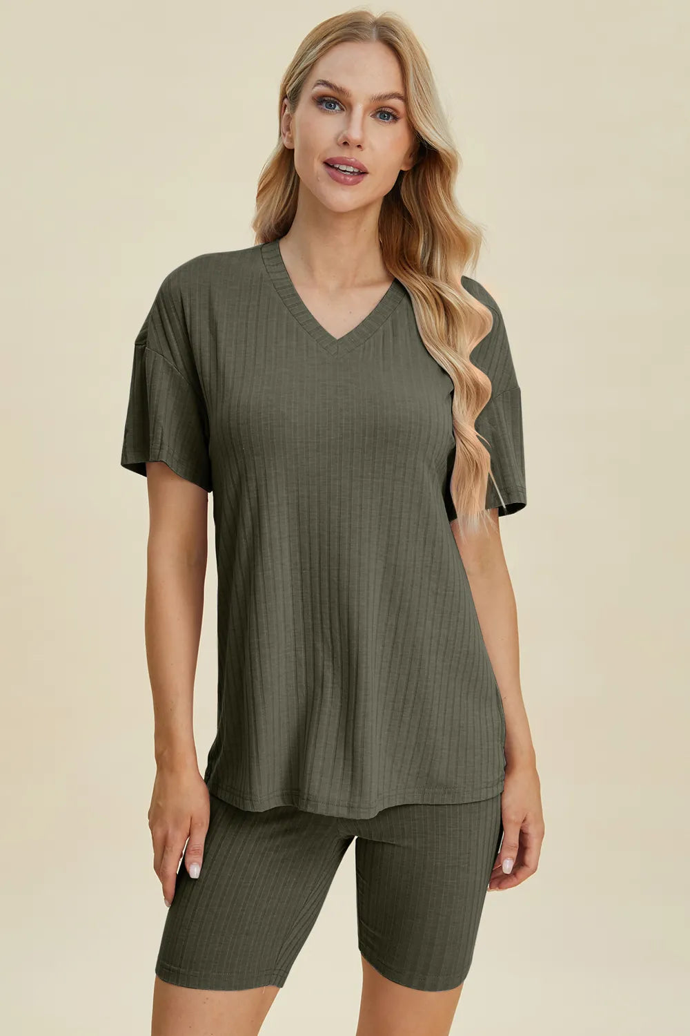 Basic Bae Ribbed V-Neck Top and Shorts Set