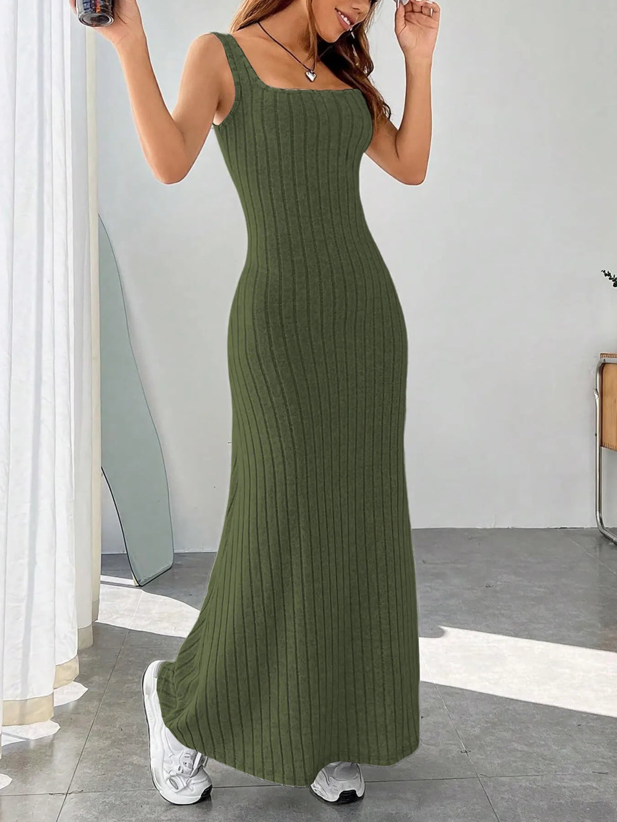 Ribbed Knit Square Neck Maxi Dress