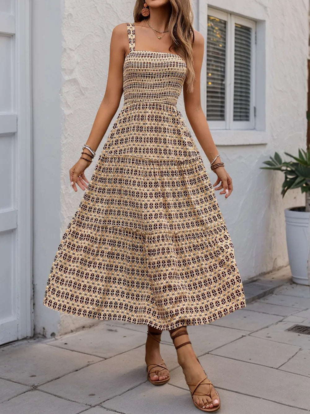 Printed Tiered Wide Strap Midi Dress in Camel